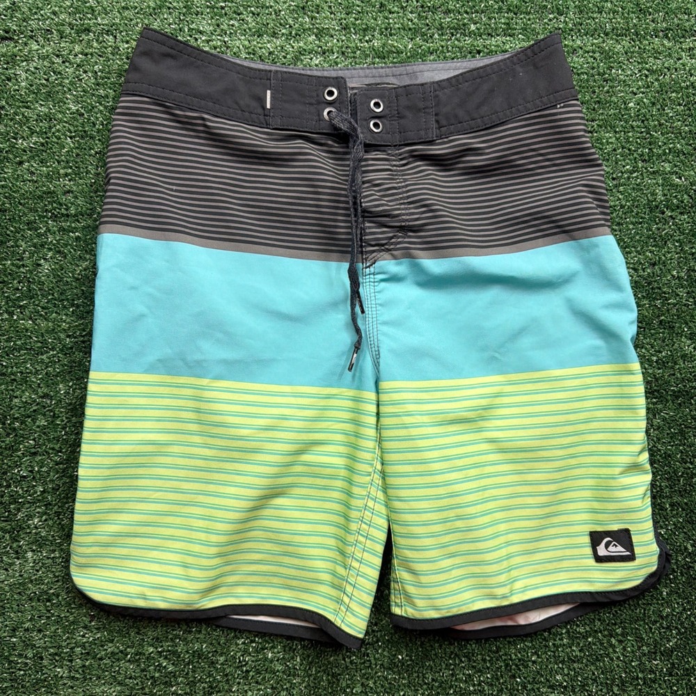 Surf Quiksilver Highline Men Board Shorts Size 27 Striped Teal Green Swim Trunks
